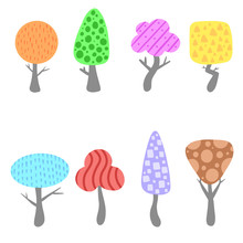 A Collection Of Colorful Abstract Cartoon Trees To Make A Forest Of Woodland Vector 