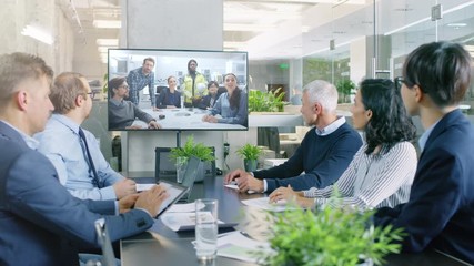 Poster - Diverse Group of Board Members, Executives and Management in the Meeting Room, Have Conference Video Call with Team of Engineers, Production Line Specialists. Optimizing Company Production and Growth