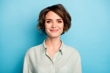 Closeup Photo Of Attractive Cute Business Lady Short Bob Hairstyle Smiling Good Mood Responsible Person Wear Casual Formalwear Green Shirt Isolated Blue Color Background