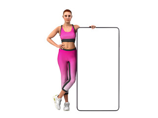 Wall Mural - fitness app concept girl in sportswear is standing next to the phone whith empty screen 3d render on white no shadow