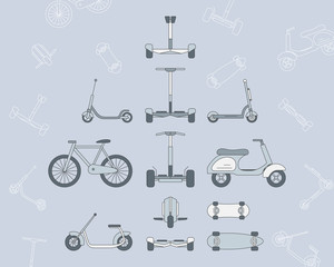 Eco-friendly transport Icons set - Vector color symbols and outline of scooter, monowheel, hoverboard, bicycle and skateboard for the site or interface