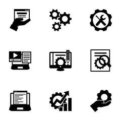 Wall Mural - 9 cog filled icons set isolated on white background. Icons set with web services, cogwheel, Repair service, Systems Integration, Content management, SEO optimization, Web Development icons.