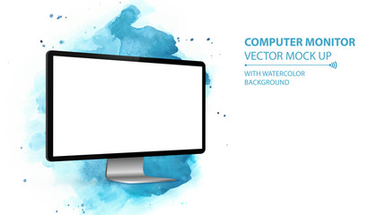 Poster - Computer Monitor Vector Mockup With Perspective View. Isolated on Blue Watercolor Background. 