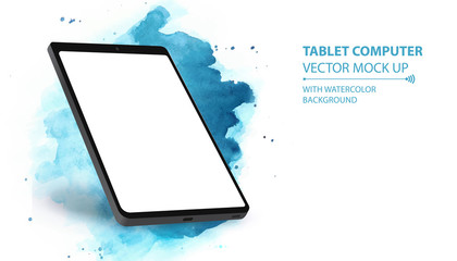 Poster - Tablet Computer Vector Mockup With Perspective View. Tablet PC Isolated on Blue Watercolor Background. 