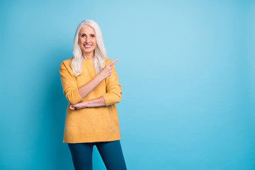 Sticker - Portrait of her she nice-looking attractive lovely content cheerful cheery grey-haired woman demonstrating look idea isolated on bright vivid shine vibrant blue color background