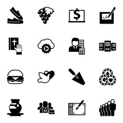 Wall Mural - 16 vector filled icons set isolated on white background. Icons set with sneakers, Winemaking, Computer-Based Training, vow, Streaming service, Accountant, burger, dove icons.