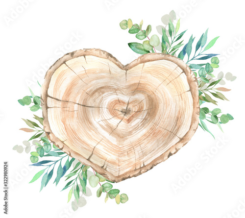 Fotografía Watercolor slice of wood with floral decorations. Floral decor.