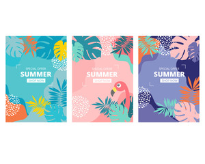 Pastel pink blue purple tropical summer beach sale poster background with monstera and palm leaves