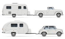 Car Pulling RV Camping Trailer On White Background. Side View Of Pickup Truck With Recreational Vehicle Isolated Vector Illustration.
