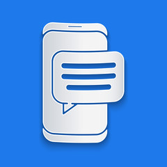 Paper cut New chat messages notification on phone icon isolated on blue background. Smartphone chatting sms messages speech bubbles. Paper art style. Vector Illustration