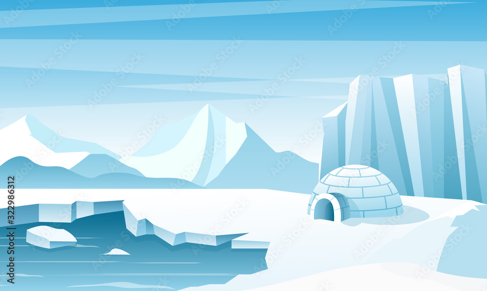 Arctic landscape with ice igloo flat vector illustration. House, hut built of snow. Ice mountains peaks. Eskimo people shelter inhabit. Big iceberg. Snowy north pole winter nature view. - obrazy, fototapety, plakaty 