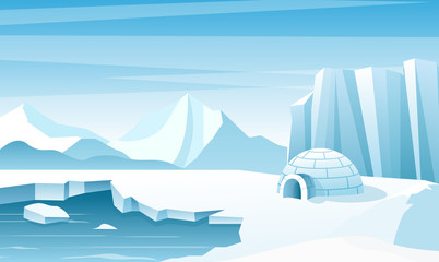 Arctic landscape with ice igloo flat vector illustration. House, hut built of snow. Ice mountains peaks. Eskimo people shelter inhabit. Big iceberg. Snowy north pole winter nature view.