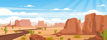 Sandy Desert Landscape Colorful Flat Vector Illustration. Empty Valley With Rocks, Crags And Green Cactuses. Dry Land With Draughts And Hot Climate. Arizona Beautiful Panoramic View.