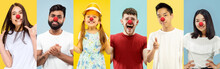 Collage Of Happy Young People As A Clowns Celebrating Red Nose Day. Male And Female Models On Bicolored Blue-yellow Studio Background. Celebrating, Greeting, Holidays Concept. Human Facial Emotions.
