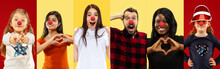 Collage Of Happy Young People As A Clowns Celebrating Red Nose Day. Male And Female Models On Bicolored Red-yellow Studio Background. Celebrating, Greeting, Holidays Concept. Human Facial Emotions.