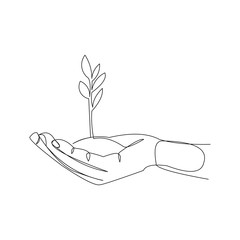 Wall Mural - Continuous line drawing of hands palm with growth plant. Vector illustration.