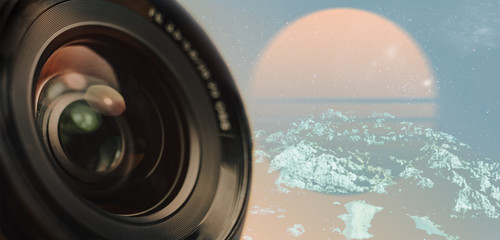 Aufkleber - Beautiful camera lens with yellow light of glass on a mountaine contemporary colors and mood social background.  ..