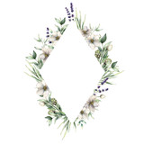 Fototapeta  - Watercolor floral frame with anemones and lavender. Hand painted flowers, artichoke and eucalyptus leaves isolated on white background. Spring illustration for design, print or background.