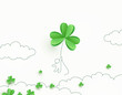 Shamrock flying green leaves banner. Irish Good Luck concept background. Vector clover pattern for Saint Patrick's Day holiday greeting card design..