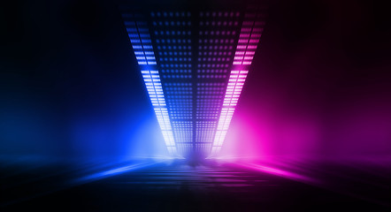 Wall Mural - Empty stage, blue and pink, purple  neon, abstract background. Rays of searchlights, light, abstract tunnel, corridor. Dark futuristic background, smoke, smog.