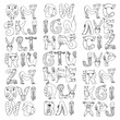 © Anastasia - Animal alphabet. Zoo alphabet. Letters from A to Z. Cartoon cute animals. Elephant, dog, flamingo, giraffe, horse, alligator, bear, cat.