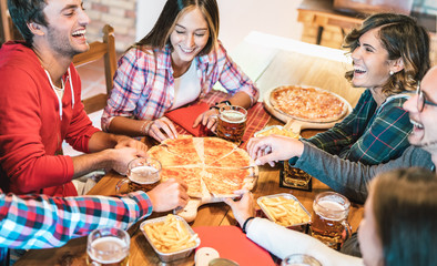 Sticker - Young friends on genuine laugh while eating pizza at home on family reunion - Friendship concept with happy people enjoying time together having fun at pizzeria drinking brew pints - Warm vivid filter