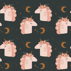 Wall Mural - Cute isolated stylish boho unicorns seamless pattern design. Good night concept. Magical animals. Pastel colors. Pony nursery print. Vector