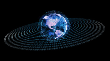 Poster - Americas, Earth Hologram Global Business Network Rotating. earth modern digital age and global connectivity. Futuristic Business and Technology Concept. 4K seamless loop