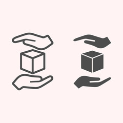Poster - Handle with care line and glyph icon. Shipping label cube box parcel with hands. Postal service vector design concept, outline style pictogram on white background, use for web and app. Eps 10.