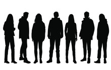 Vector Silhouettes Of  Men And A Women, A Group Of Standing  Business People, Black Color Isolated On White Background