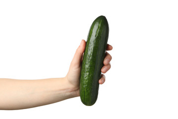 Female hand holding cucumber, isolated on white background