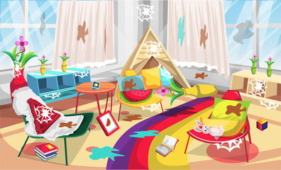 Wall Mural - Dirty Kids Corner Play Room Playground with Small Tent, Short Table Chairs, Multipurpose Partition Rack for Flower vase, Books for Vector Illustration Interior Design Ideas