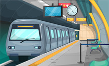 Subway Train Station With Floor And Stop Sign, Chairs, Recycle Trash, Broom, Big Clock, TV Time For Vector Illustration Interior Design Ideas