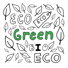 Hand drawn ecology doodle lettering with leaves, vector illustration about environment problems. Sketch elements set for graphic and web design.