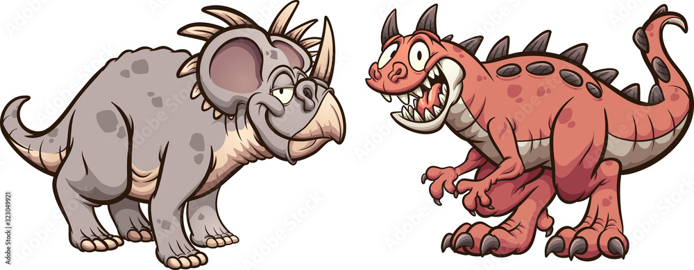 Styracosaurus and carnotaurus dinosaurs smiling and standing in front of each other. Vector cartoon clip art illustration with simple gradients. Each on a separate layer. - obrazy, fototapety, plakaty 