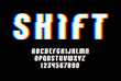 Alphabet of distorted glitch effect. Shifted modern white font, latin letters from A to Z and numbers from 0 to 9 with effect sliced.