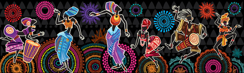 dancing people on ethnic background with african motifs