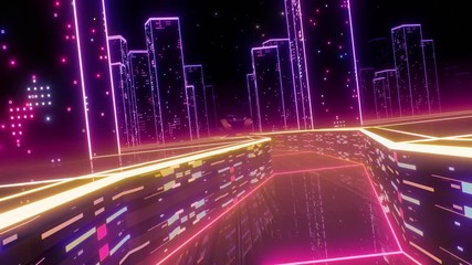 Wall Mural - 80s retro synthwave style city seamless loop animation loop