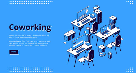 Coworking space isometric landing page. Empty office business center interior, workplace with computers on desks. Area for teamwork, freelance 3d vector illustration, line art, web banner, background.