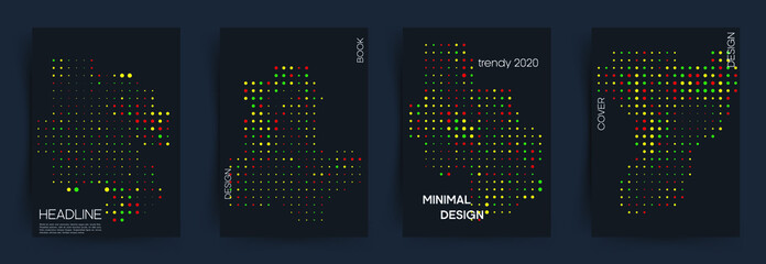 Set of covers. Minimal abstract design in the matrix style with green, red and yellow chaotic dots on black background. This is design for book, cover, leaflet and other ideas. Eps 10