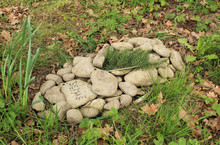 Mound Of Stones Decorated With A Coniferous Twig On The Grave Of A Pet