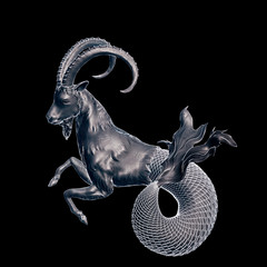 metal model of capricorn isolated on black background.