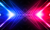 Fototapeta Przestrzenne - Empty stage, blue and pink, purple  neon, abstract background. Rays of searchlights, light, abstract tunnel, corridor.