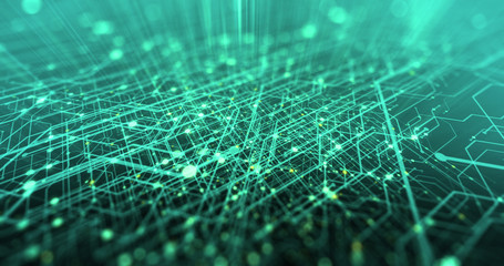 Poster - Abstract digital city. Digital Circuit board, Motherboard, Digital chip. Digitalization of Information: IT, IOT, Server, Data Center. Animated Visualization of Network Data. 3D render