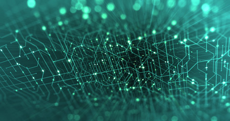Poster - Abstract digital city. Digital Circuit board, Motherboard, Digital chip. Digitalization of Information: IT, IOT, Server, Data Center. Animated Visualization of Network Data. 3D render