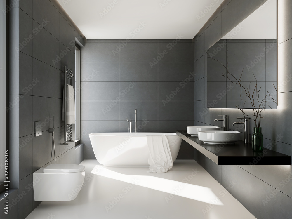 3d interior of a grey anthracite bathroom - obrazy, fototapety, plakaty 