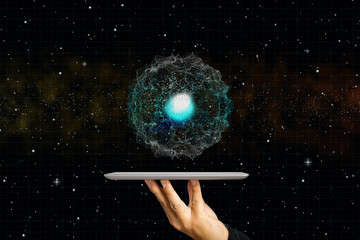 Poster - hands holding digital tablets touching brain with network connections, world map innovative Big data ,(internet of things) iot,ai technology in science ,intelligent life and communication concept