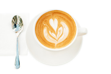 Hot coffee isolated on white background. Cappuccino mug close up. latte top view