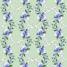 Seamless Pattern With Roses. Flowers, Leaves On Blue Background. Abstract Colorful Pattern In Floral Style.