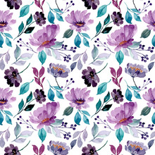 Beautiful Green Purple Floral Watercolor Seamless Pattern